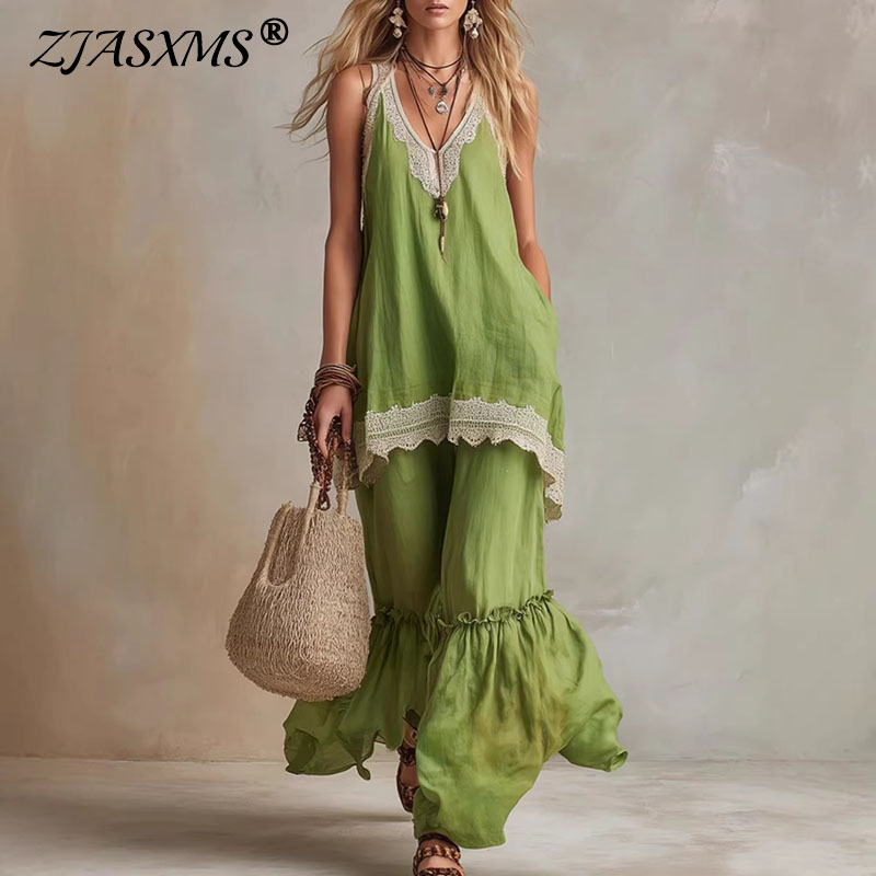 Lace Trim Cami - Women Lace Trim 2 Piece Matching
