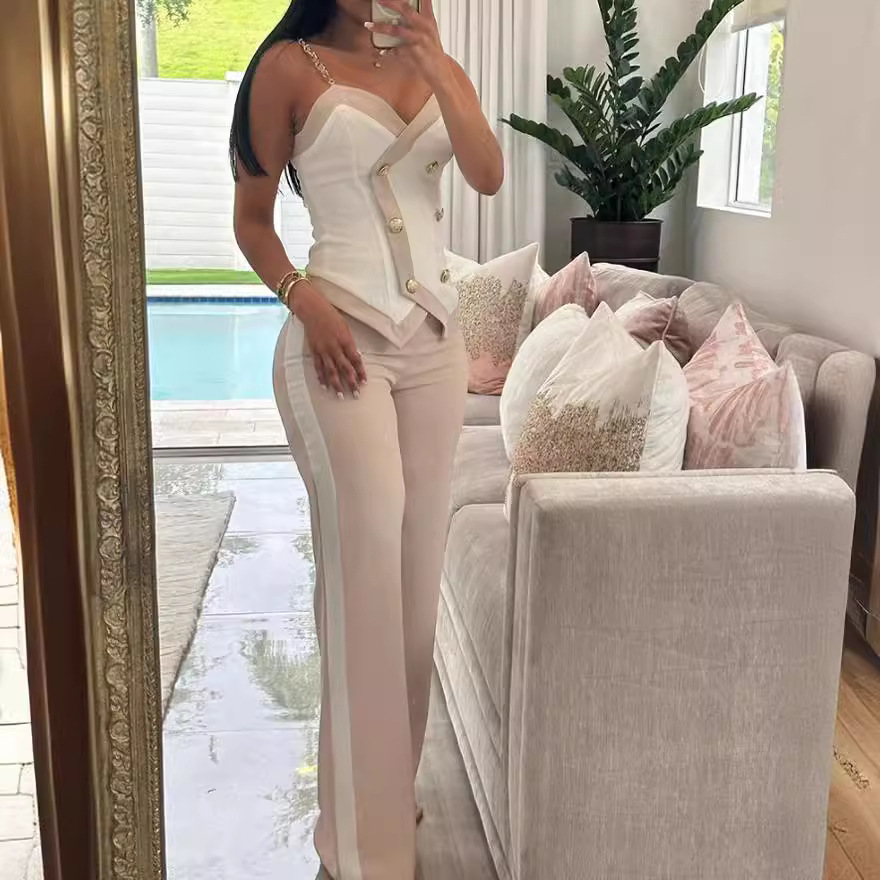 Lace Trim Cami - Women Side Striped Work Suit Set