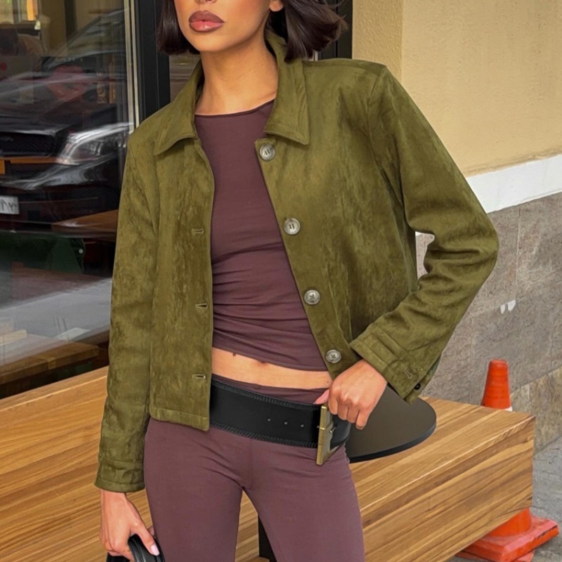 Women'S Fashion Utility Jacket - Women Faux Suede Button Up Jacket