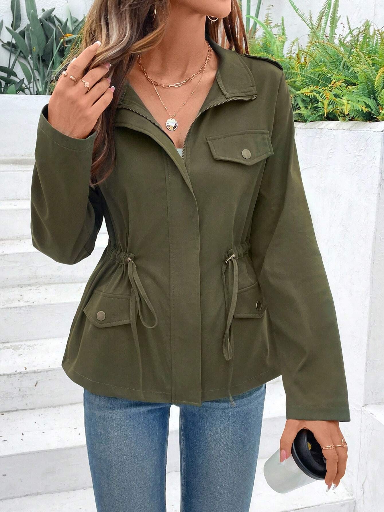 Women'S Fashion Utility Jacket - Women Drawstring Waist Utility Jacket Stand