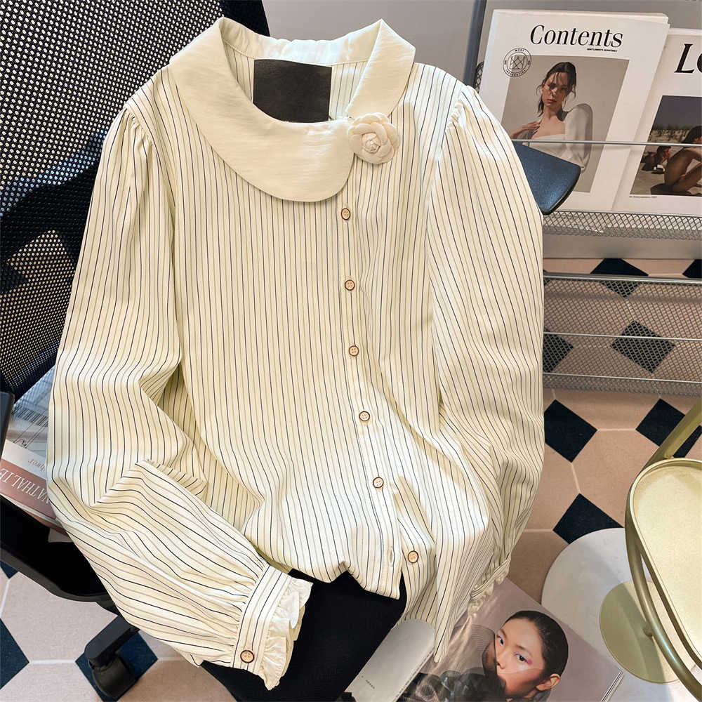Women'S Fashion In The 90S - Women Apricot 3D Floral Striped Shirts