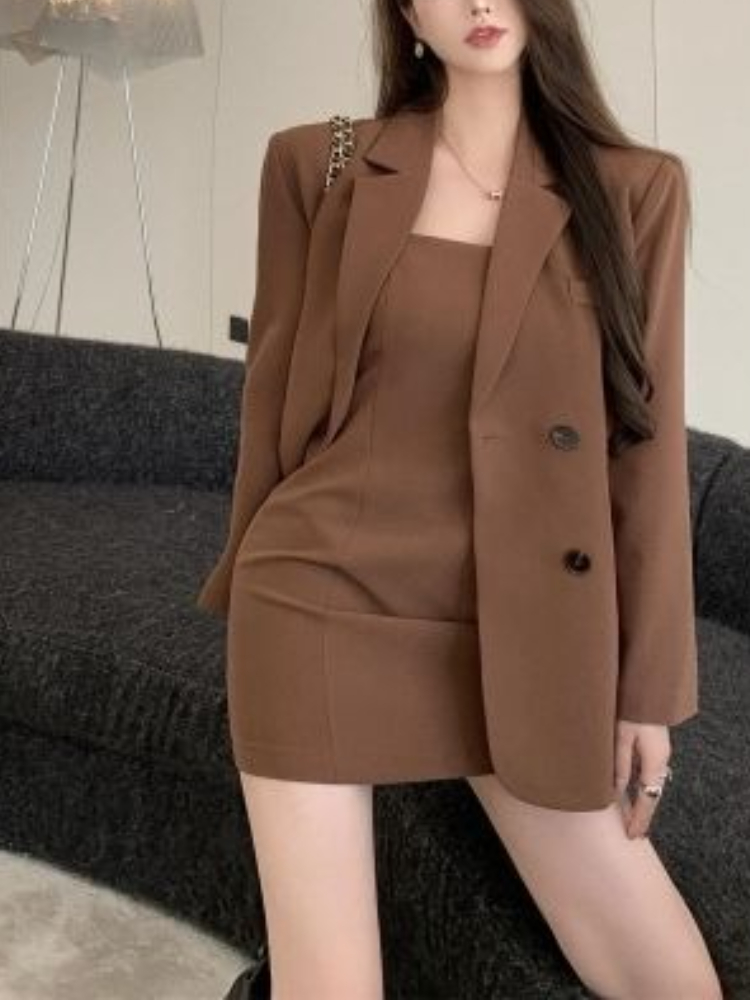 Ruched Dress Mini - Autumn Winter Brown Elegant 2 Piece
