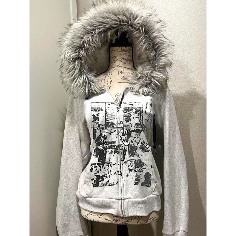 Grey Faux Fur Wool Double Zipp - Women'S Fashion Zip Up Hoodies ulasan dan harga