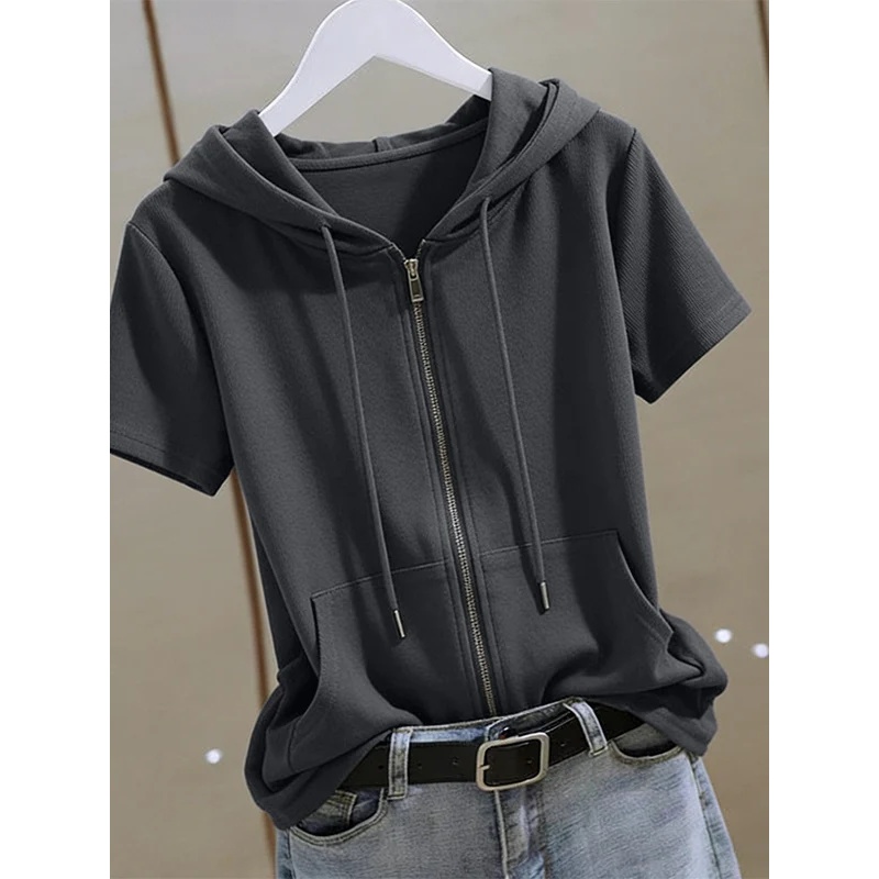 Women Summer Zip‑Up Short Slee - Women'S Fashion Zip Up Hoodies ulasan dan harga
