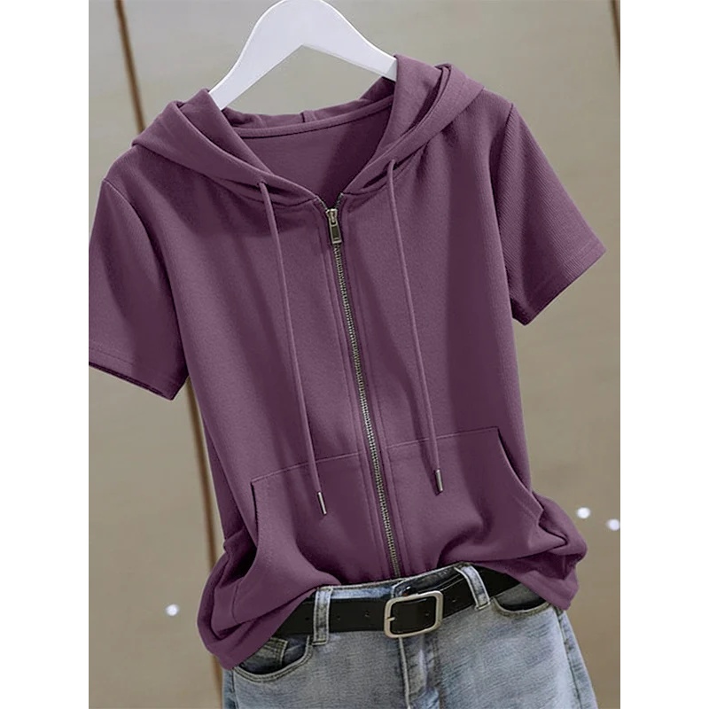 Women Summer Zip‑Up Short Slee - Women'S Fashion Zip Up Hoodies ulasan dan harga