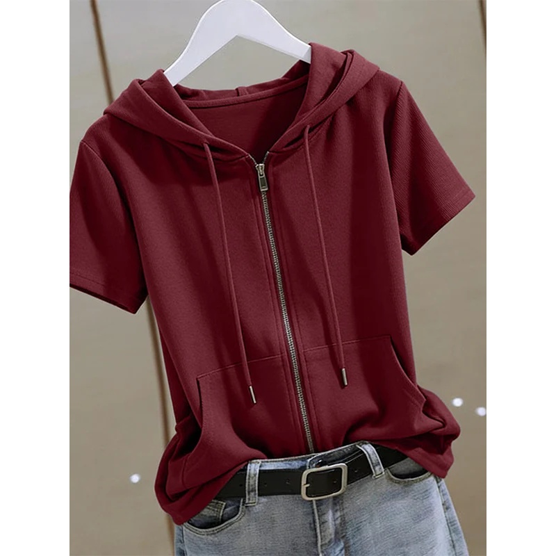 Women Summer Zip‑Up Short Slee - Women'S Fashion Zip Up Hoodies ulasan dan harga
