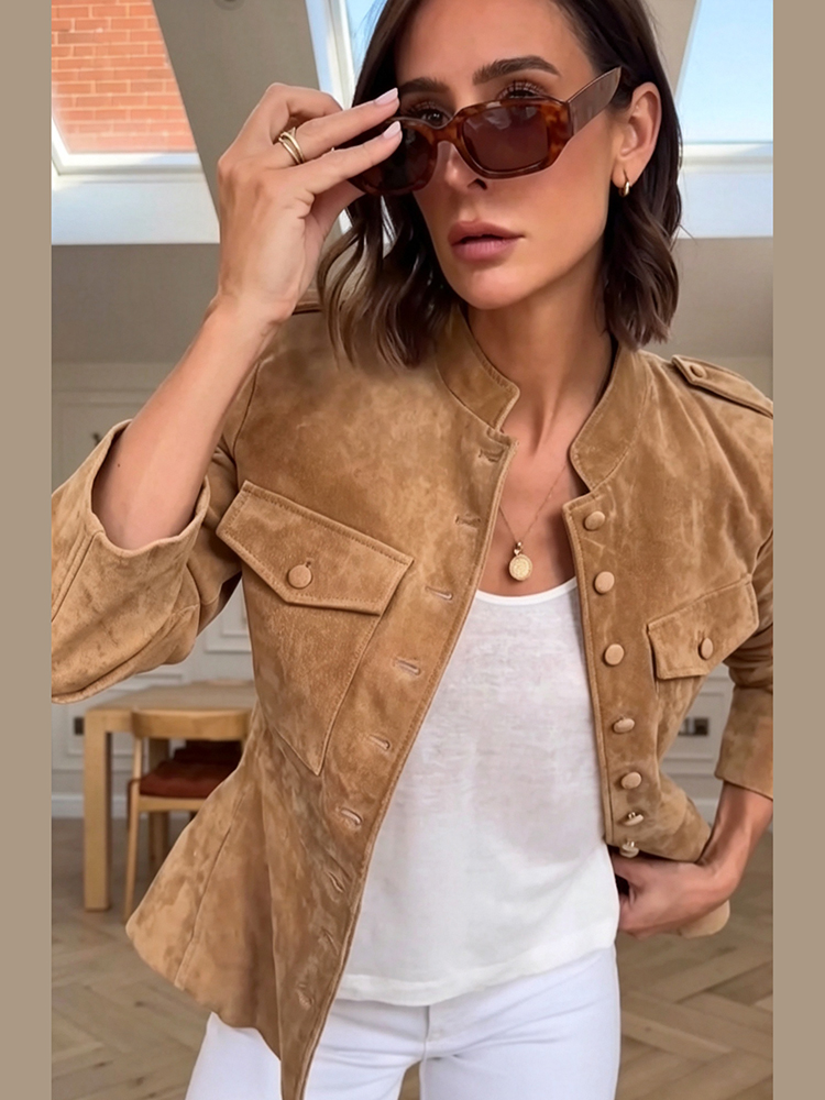 Women Faux Suede Cropped Jacke - Women'S Fashion Utility Jacket ulasan dan harga