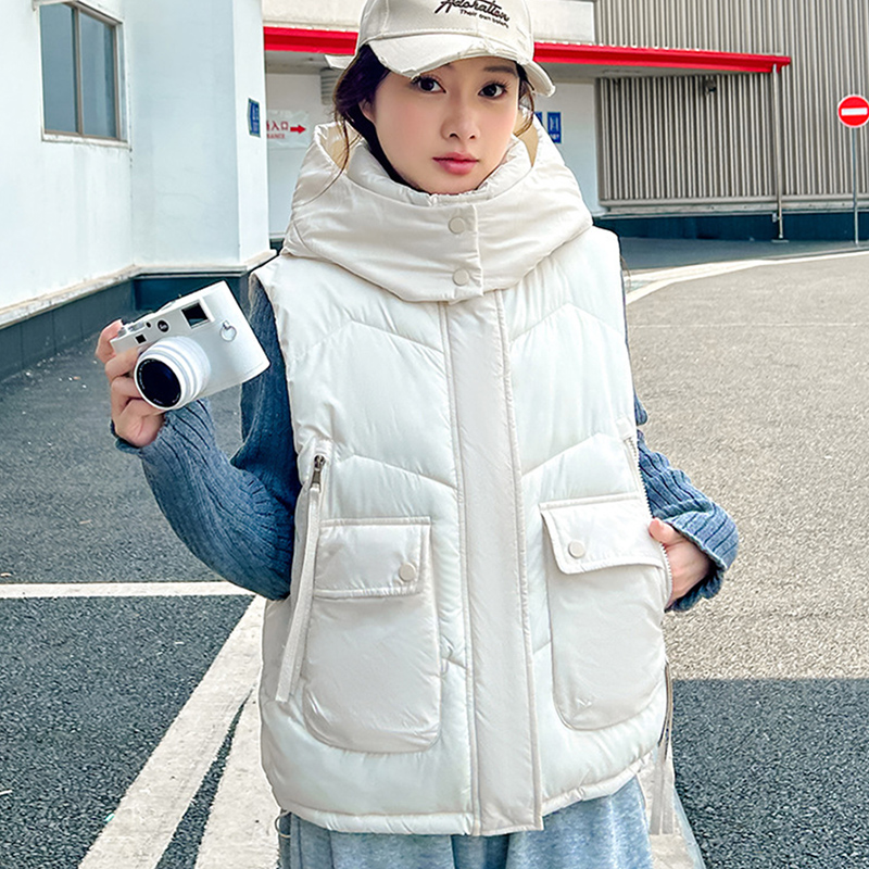 2025 Big Pocket Loose Hooded V - Puffer Vest Fashion Women ulasan dan harga