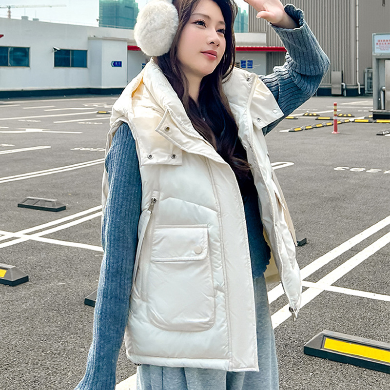 2025 Big Pocket Loose Hooded V - Puffer Vest Fashion Women ulasan dan harga