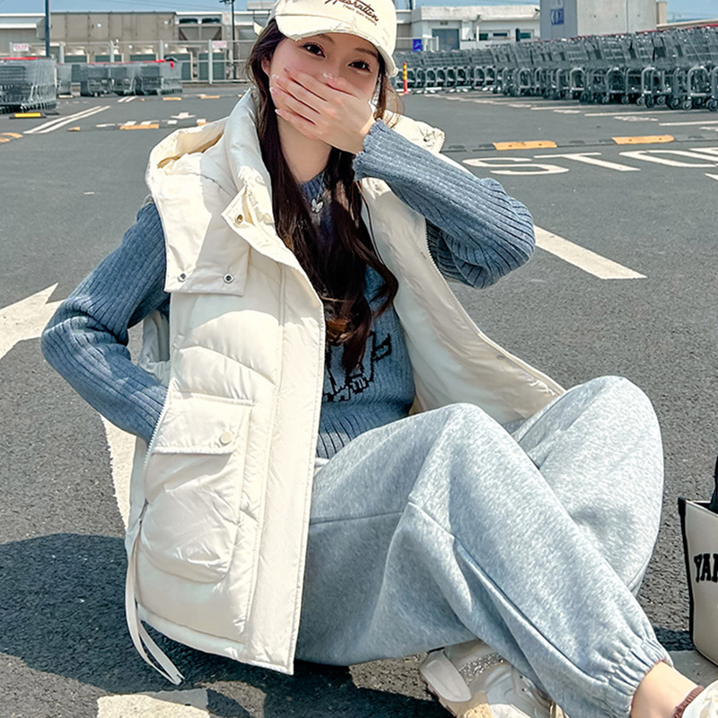 2025 Big Pocket Loose Hooded V - Puffer Vest Fashion Women ulasan dan harga