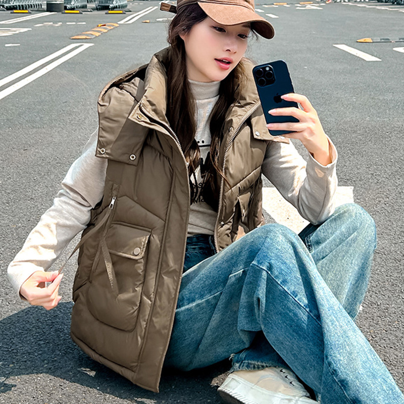 2025 Big Pocket Loose Hooded V - Puffer Vest Fashion Women ulasan dan harga
