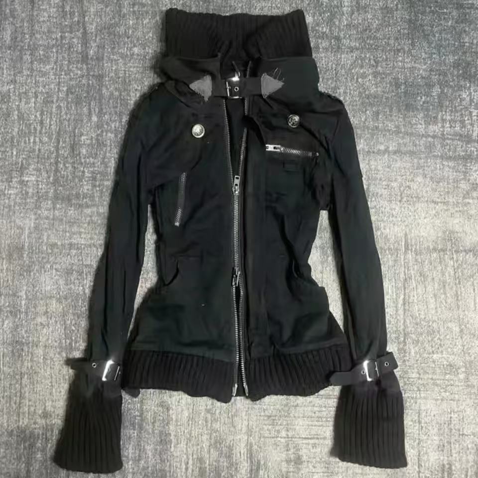 Y2K Gothic Black Slim Double Z - Women'S Fashion Zip Up Hoodies ulasan dan harga