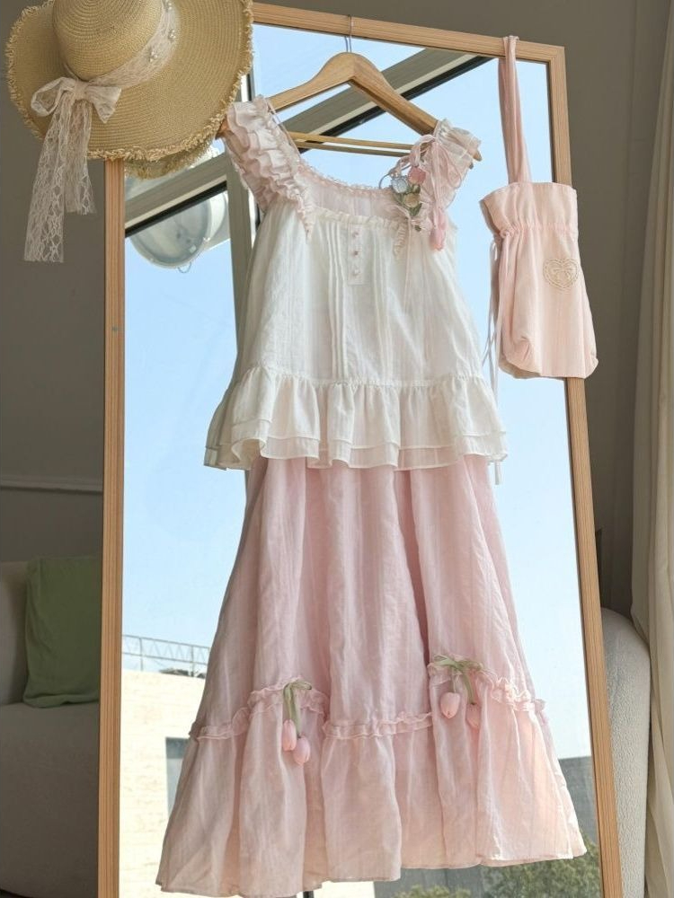 Sweet Kawaii Ruffle Trim Tulip - Lace Trim Cami ulasan dan harga