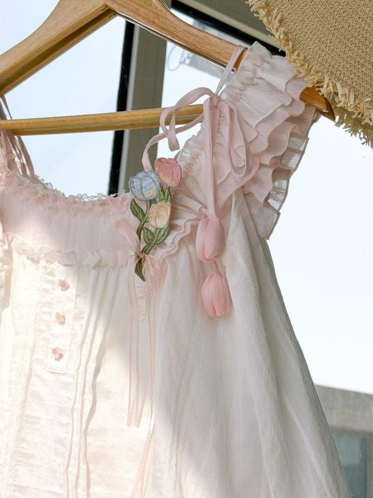 Sweet Kawaii Ruffle Trim Tulip - Lace Trim Cami ulasan dan harga